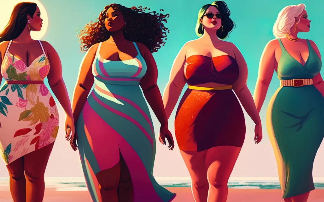 Four women with different body types walking together on the beach.