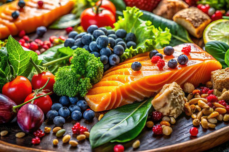 Anti-inflammatory foods like fruit, greens, and fish that help with muscle recovery.