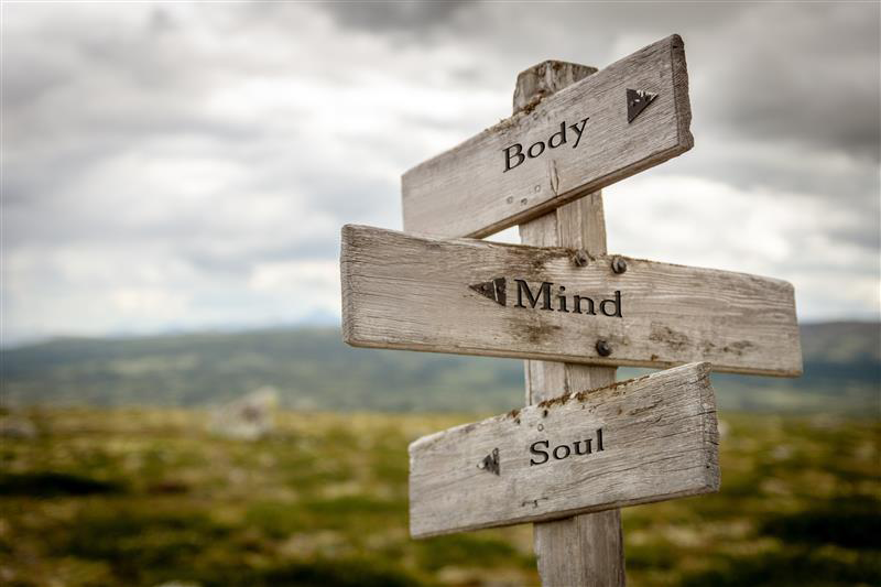Wooden navigation sign that says "body, mind, soul."